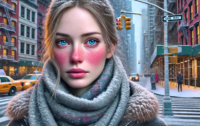 Woman with dry and flakey and red skin in NYC in Winter