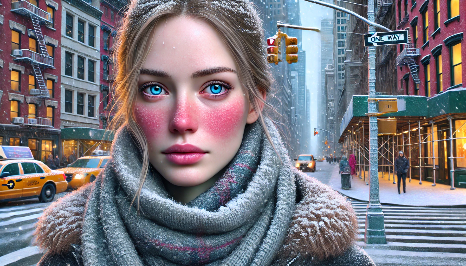 Woman with dry and flakey and red skin in NYC in Winter